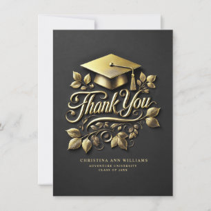 Carte De Remerciements Élégant Black Gold Grad Casquette Leaf Graduation