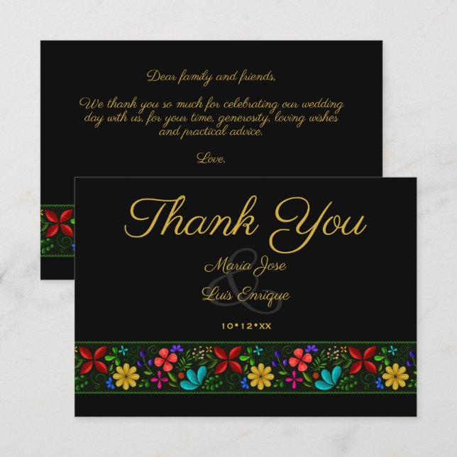 Carte De Remerciements Élégant Black Gold Latin Folk Floral Mariage (Devant / Derrière)