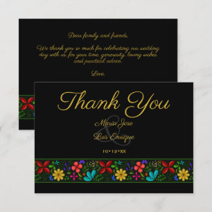 Carte De Remerciements Élégant Black Gold Latin Folk Floral Mariage