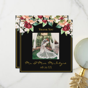 Carte De Remerciements Elégant Black Gold Photo Bourgogne Floral Photo