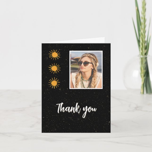 Carte De Remerciements Elégant Black Gold Sun Photo Anniversaire (Devant)