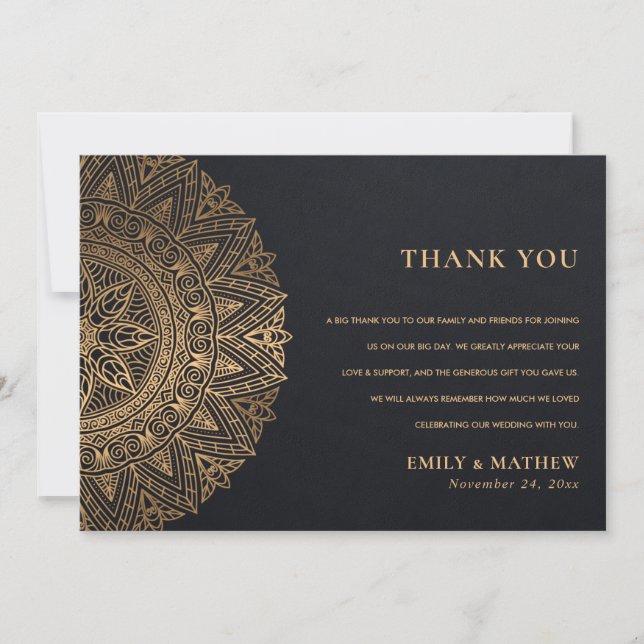 CARTE DE REMERCIEMENTS ÉLÉGANT BLACK OR CLASSIQUE ORNATE MANDALA MARIAGE (Devant)