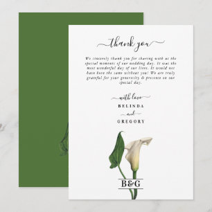 Carte De Remerciements Elégant blanc Calla Lily Vert Mariage botanique