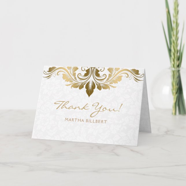 Carte De Remerciements Elégant blanc Damas Gold Swirl (Devant)