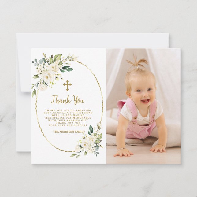 Carte De Remerciements Elégant Blanc Floral Gold Photo Girl Christening (Devant)