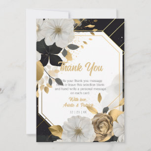 Carte De Remerciements Elégant Blanc Or Floral Mariage Black Frame
