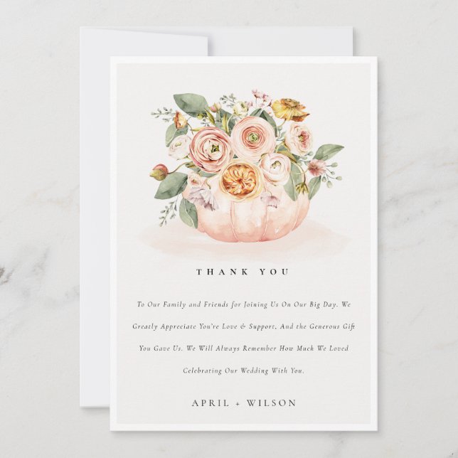 Carte De Remerciements Élégant blanc rose rose Citrouille Mariage floral (Devant)