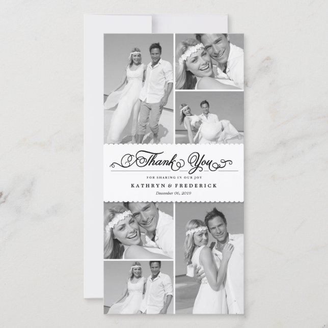 Carte De Remerciements Élégant Blanc Scalloped Band 6 Photo Chic Mariage (Devant)