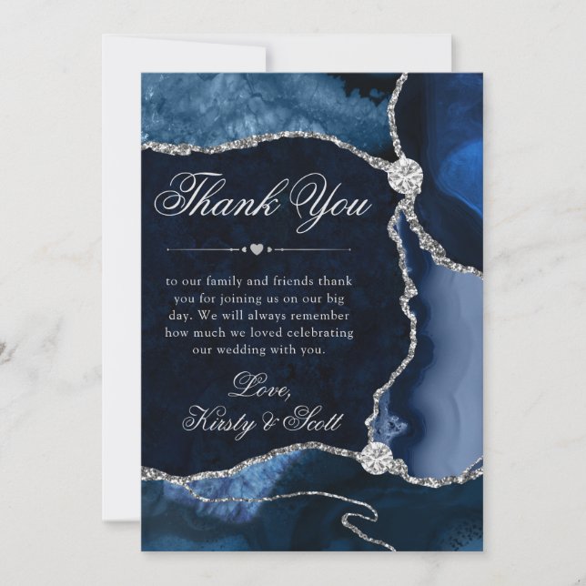 Carte De Remerciements Elégant bleu et argent Parties scintillant Agate M (Devant)