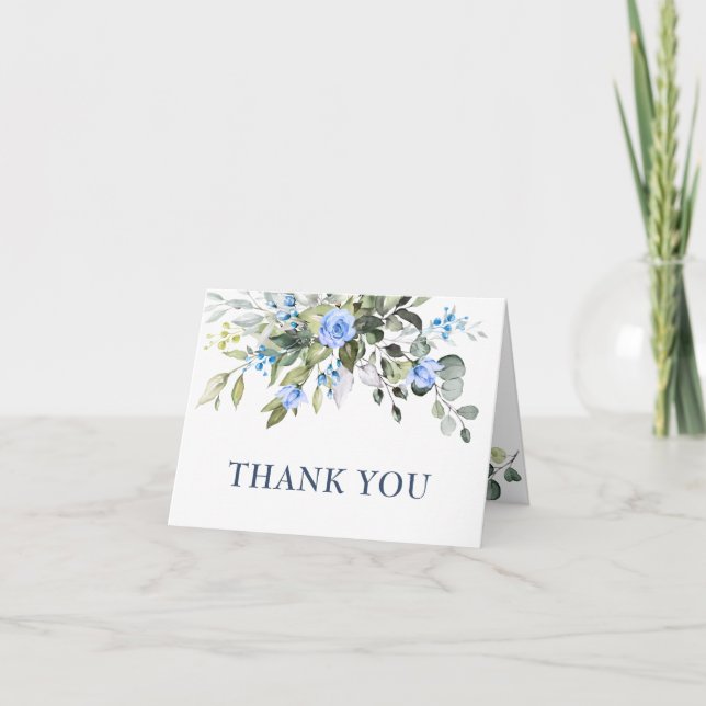 Carte De Remerciements Elégant bleu Eucalyptus Roses Botanique simple (Devant)