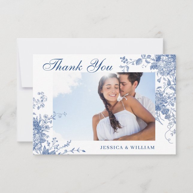 Carte De Remerciements Elégant Bleu Fleurs de Jardin Français Mariage Pho (Devant)