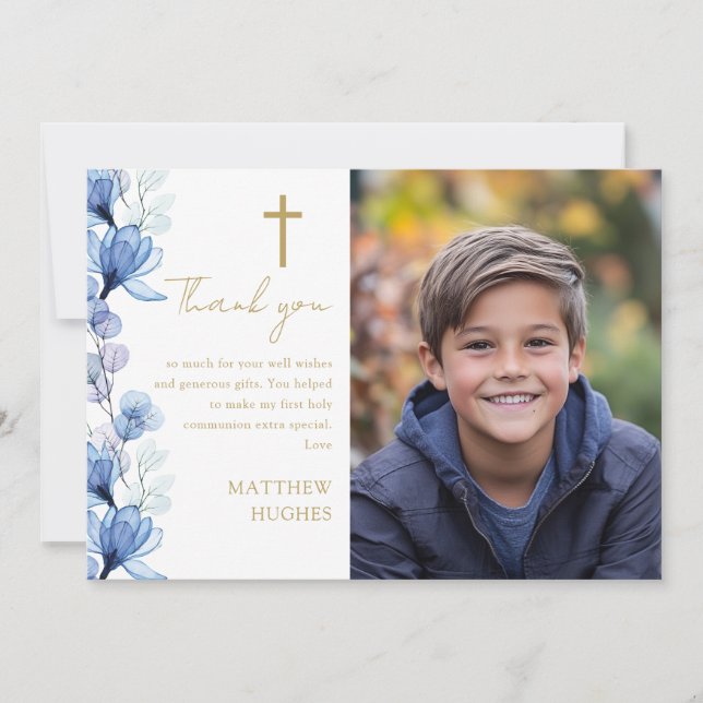 Carte De Remerciements Elégant bleu floral photo Première communion saint (Devant)