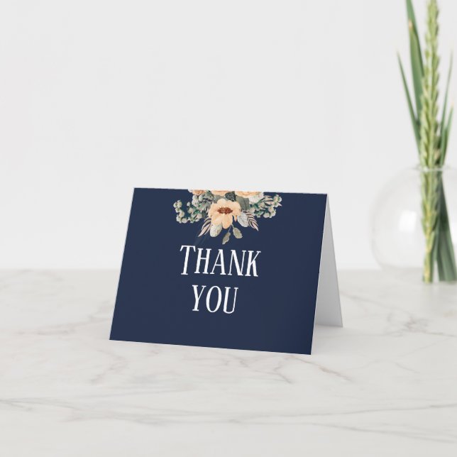 Carte De Remerciements Elégant bleu foncé fleuri (Devant)