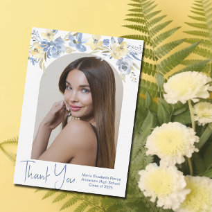 Carte De Remerciements Élégant bleu jaune floral photo Diplômé