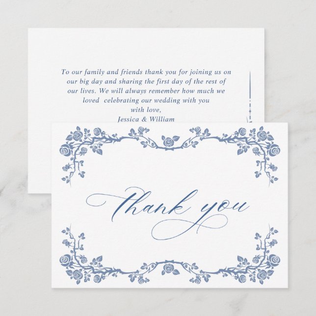 Carte De Remerciements Elégant bleu Mariage de fleurs de jardin (Devant / Derrière)