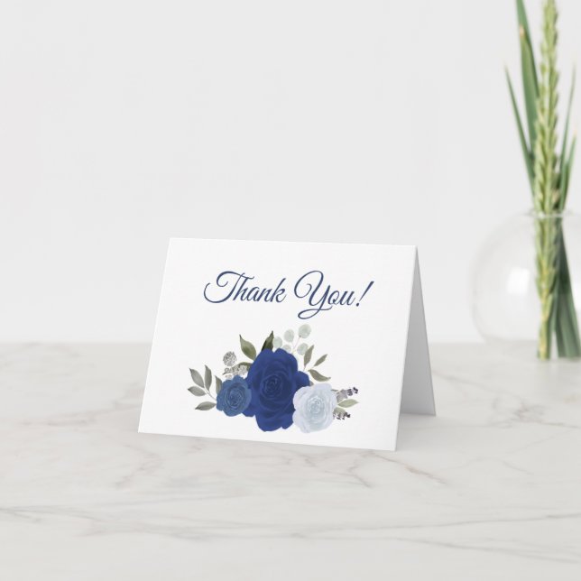 Carte De Remerciements Elégant bleu marine Aquarelle Rose photo Mariage (Devant)