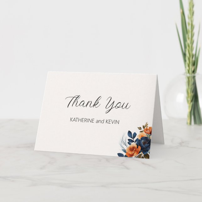Carte De Remerciements Elégant bleu marine Burnt Orange Aquarelle Floral (Devant)