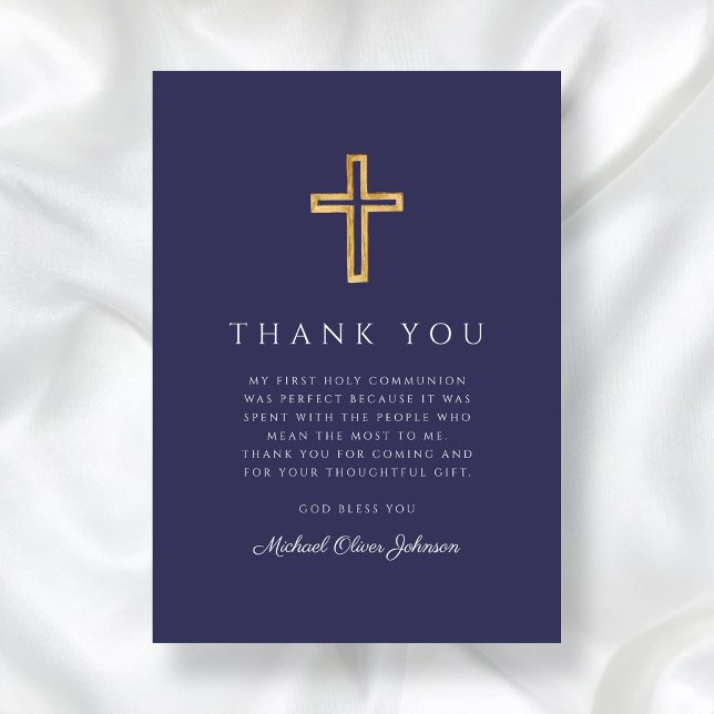 Carte De Remerciements Elégant bleu marine Croix religieuse Première comm (Elegant Navy Blue Religious Cross First Communion Thank You Card)
