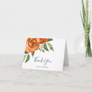 Carte De Remerciements Elégant bleu marine orange aquarelle Mariage flora
