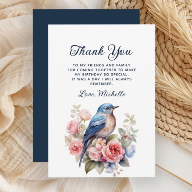Carte De Remerciements Elégant bleu Oiseau rose Fleurs d'anniversaire Mer (Blue bird and pink floral birthday party Thank You card)