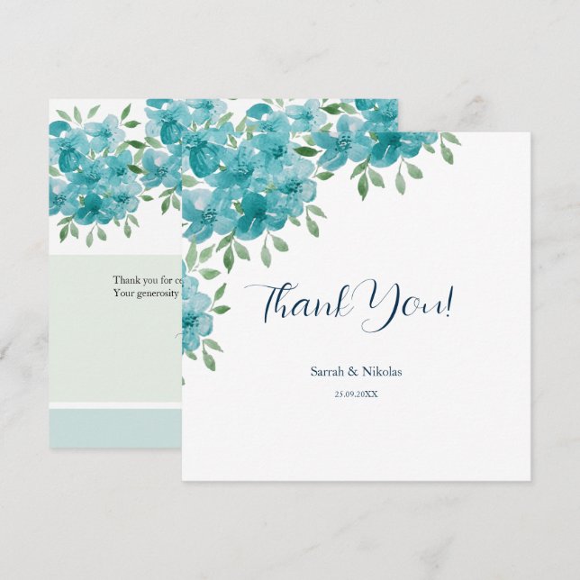 Carte De Remerciements Elégant bleu outresque Mint d'Aquarelle Florale (Devant / Derrière)