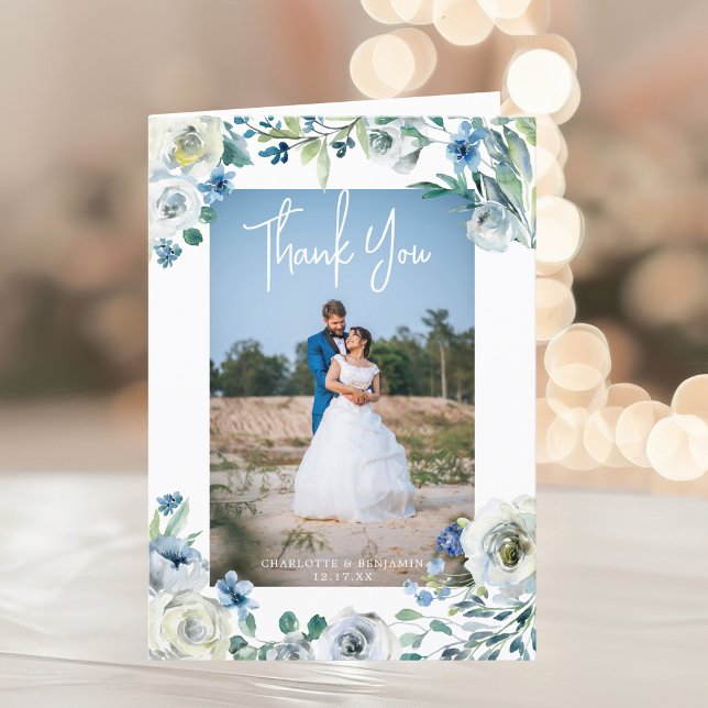 Carte De Remerciements Elégant bleu Peony Floral Mariage photo plié (Créateur téléchargé)
