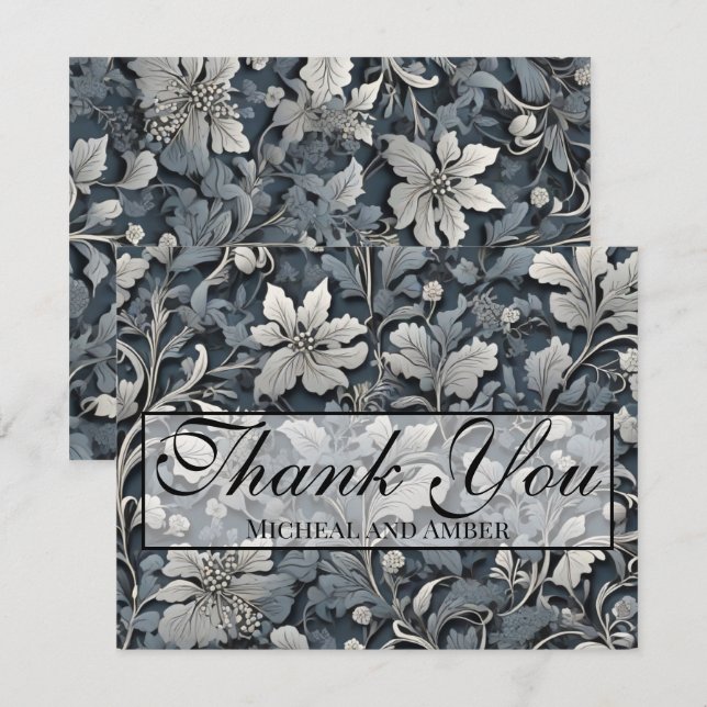 Carte De Remerciements Elégant bleu poussiéreux argent blanc gris gris fl (Devant / Derrière)
