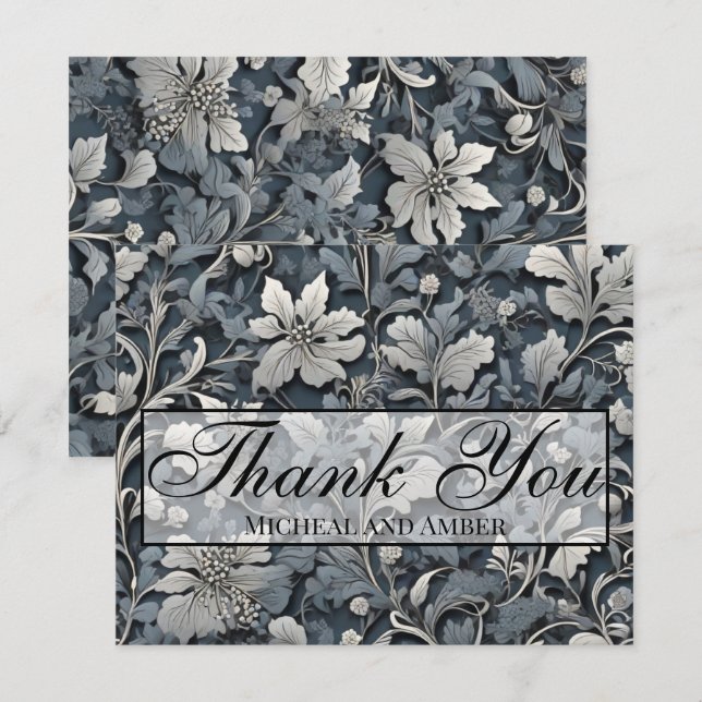 Carte De Remerciements Élégant bleu poussiéreux floral gris argenté blanc (Devant / Derrière)