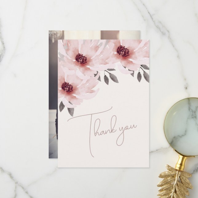 Carte De Remerciements Elégant bleu rose Aquarelle Floral Mariage photo (Devant/Arrière en situation)