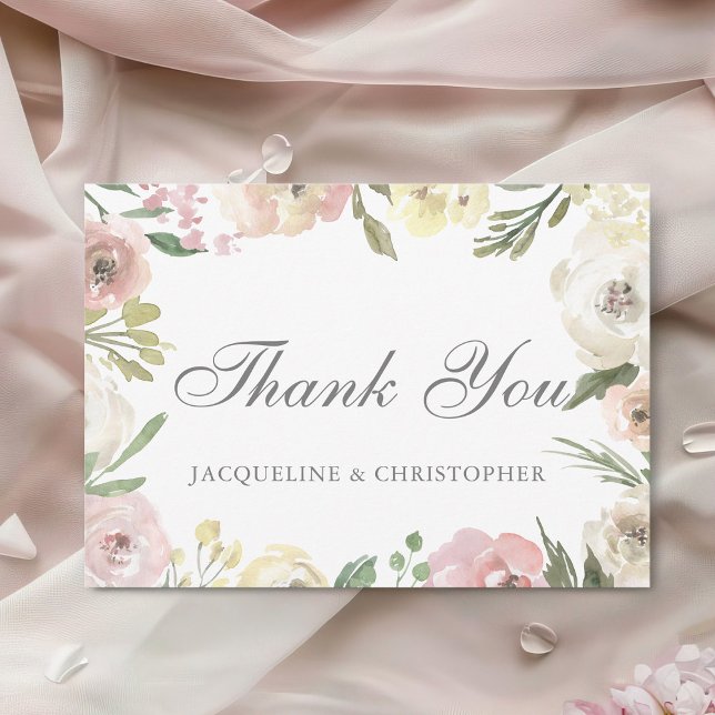 Carte De Remerciements Élégant Bleu Rose Flore Bordure Printemps Mariage (Créateur téléchargé)