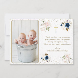 Carte De Remerciements Elégant bleu rose or Fleurs jumeaux Photo Baptême