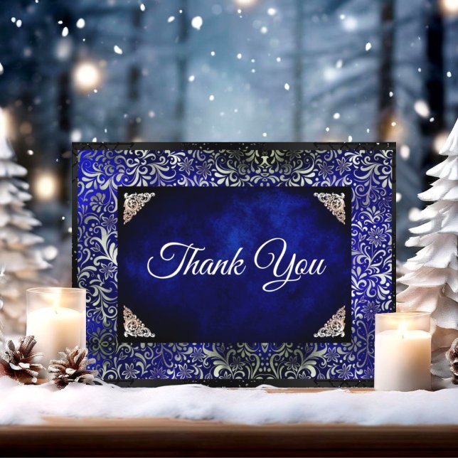Carte De Remerciements Elégant bleu royal floral faux argent (Créateur téléchargé)