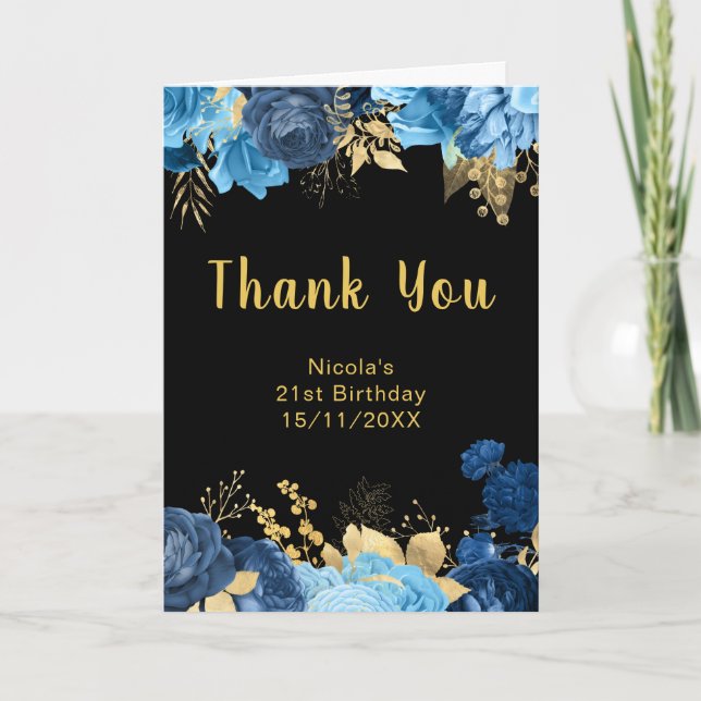 Carte De Remerciements Elegant Blue and Gold Flowers Birthday Party (Devant)