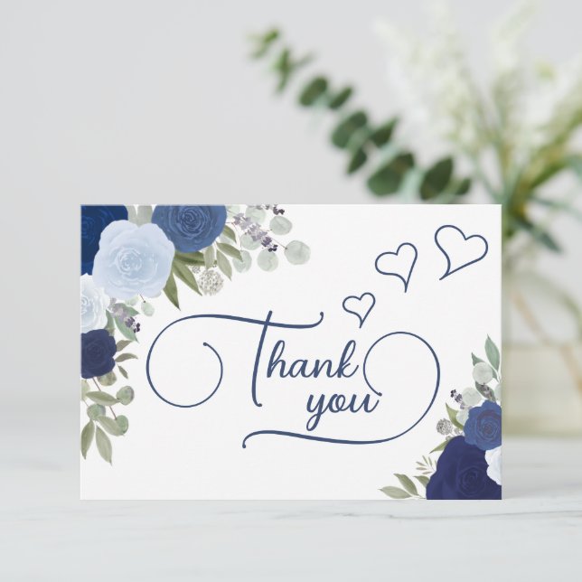 Carte De Remerciements Elegant Blue Boho Chic Roses Fête de Mariage (Debout devant)
