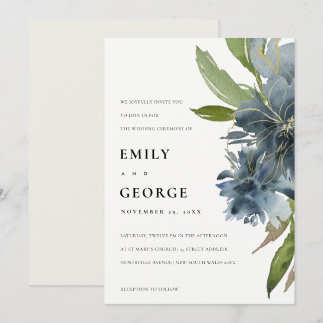 CARTE DE REMERCIEMENTS ÉLÉGANT BLUE VERT OR FLORAL MARIAGE INVITER (Devant / Derrière)