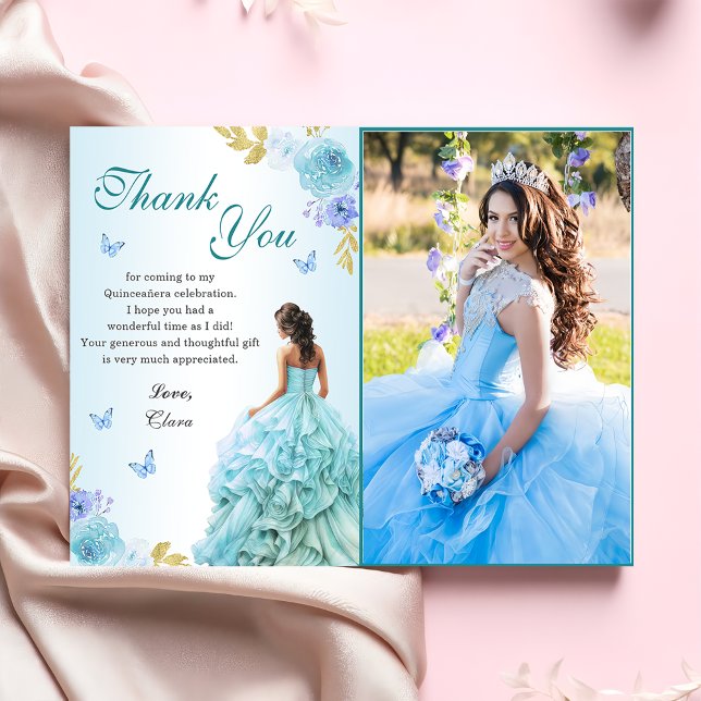 Carte De Remerciements Elégant Blush Blue Floral Quinceañera Anniversaire (Créateur téléchargé)