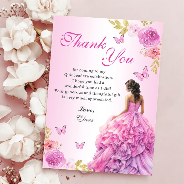 Carte De Remerciements Elégant Blush rose Floral Quinceañera Anniversaire (Créateur téléchargé)