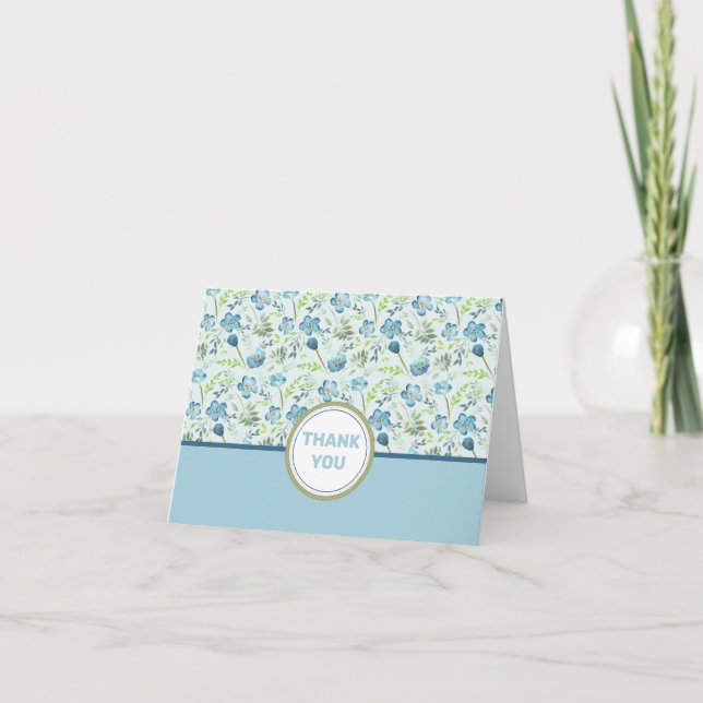 Carte De Remerciements Elégant Boho bleu vert Aquarelle Fleurs (Devant)