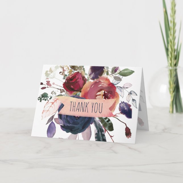 Carte De Remerciements Elégant Boho Burgundy Navy Floral (Devant)