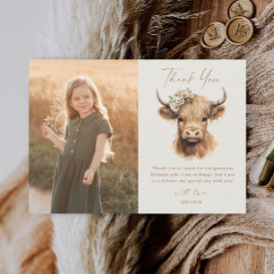 Carte De Remerciements Élégant Boho Highland Cow Enfants Photo Anniversai