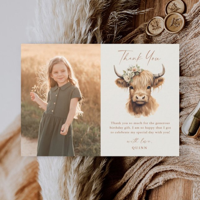 Carte De Remerciements Élégant Boho Highland Vache Enfants Photo Annivers (Boho highland cow script kids photo thank you card.)