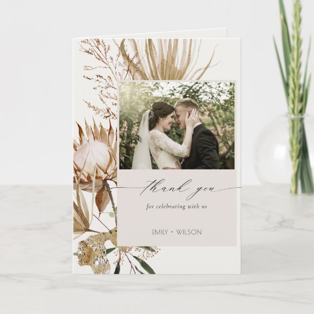 Carte De Remerciements Élégant Boho Protea Séché Palm Floral Mariage (Devant)