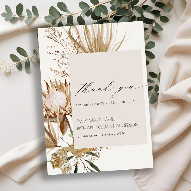 Carte De Remerciements Élégant Boho Protea Séché Palm Floral Mariage (Créateur téléchargé)