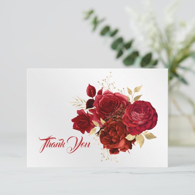 Carte De Remerciements Élégant Bouquet d'or de rose rouge (Debout devant)