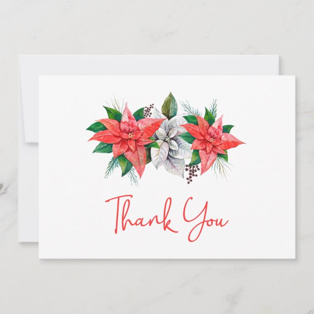 Carte De Remerciements Elégant Bouquet Poinsettia Verdure Noël Que (Devant)
