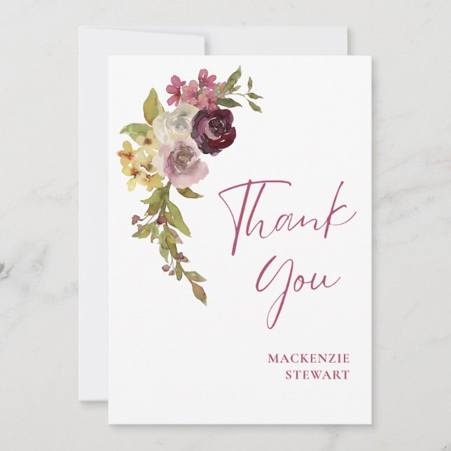 Carte De Remerciements Élégant Bourgogne rose floral 40e anniversaire (Devant)