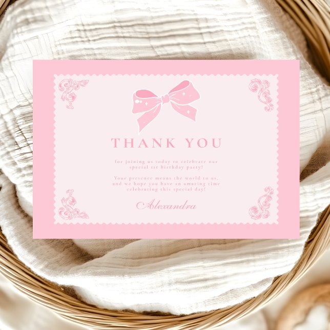 Carte De Remerciements Elégant Bow Floral Fancy ONE Girl 1er anniversaire (Créateur téléchargé)
