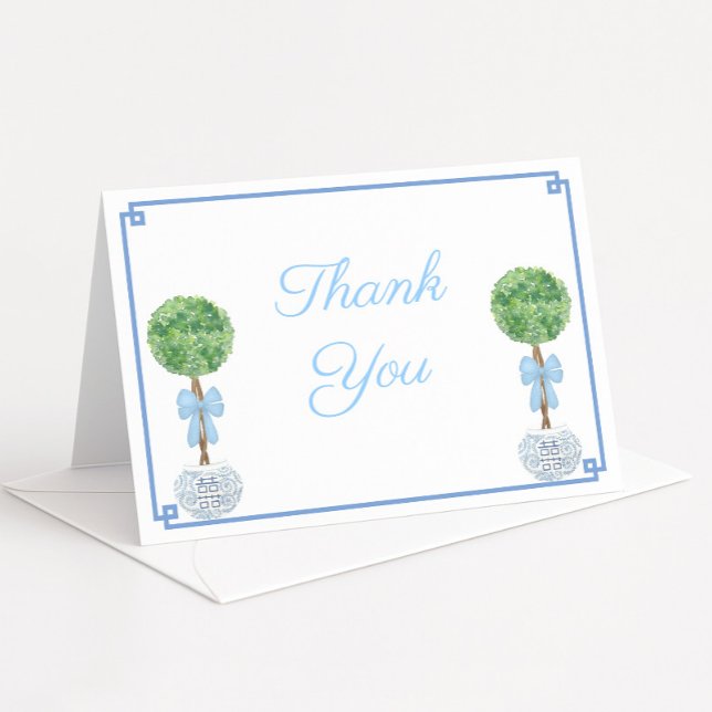 Carte De Remerciements Elégant Boxwood Topiary Blue Baby Shoy (Boxwood topiary with baby blue bow in chinoiserie planter thank you card)