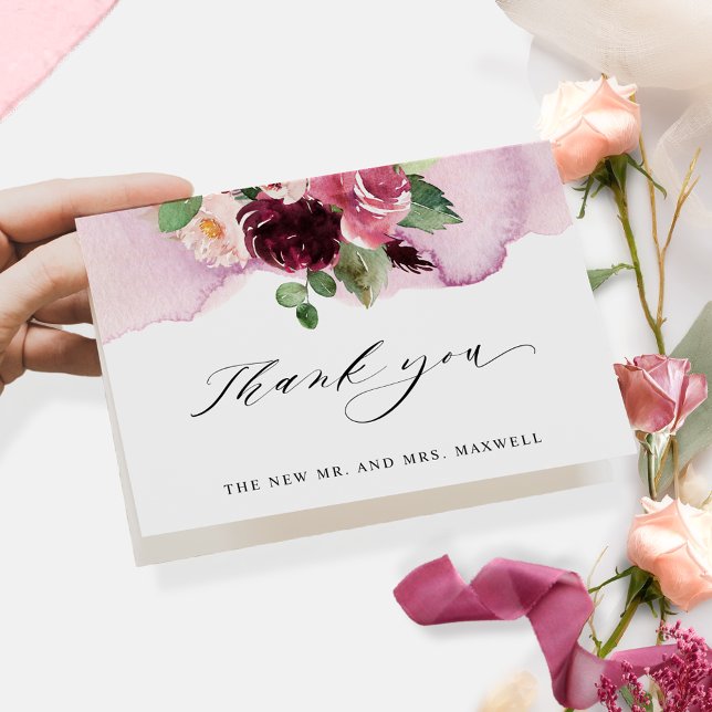 Carte De Remerciements Élégant Burgundy Blush et Rose Floral Plié (Créateur téléchargé)