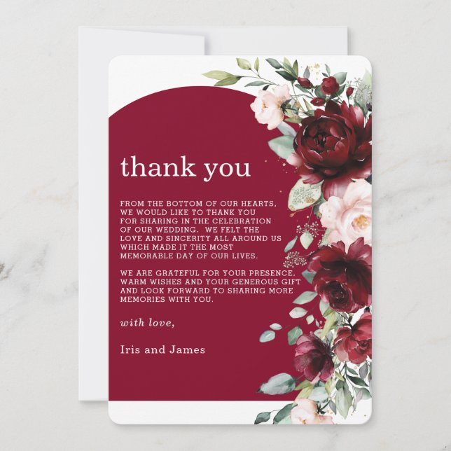 Carte De Remerciements Elegant Burgundy Blush Pink Floral Wedding  (Devant)
